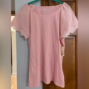 NWT St. John’s bay Pink Eyelet ruffle sleeve tee L Large